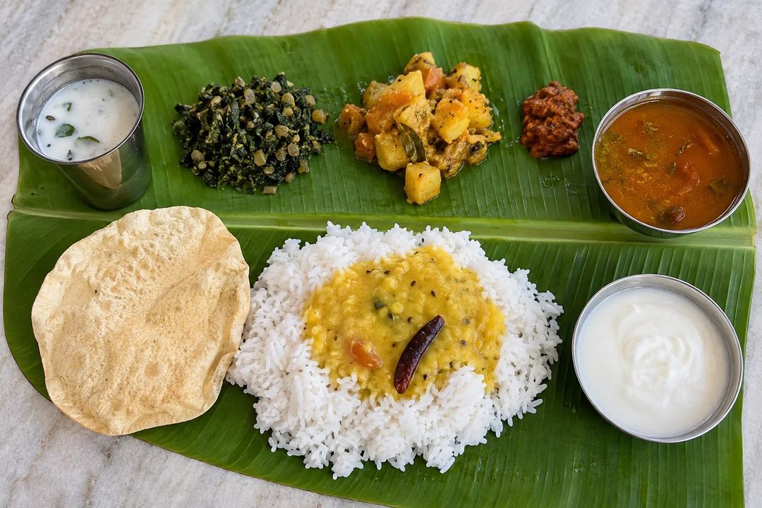An everyday Andhra banana leaf meal with rice pappu charu curd buttermilk vegetables pickle and appadam
