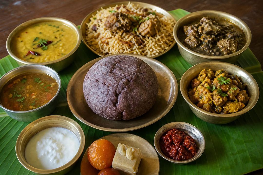 A Rayalaseema food spread with ragi sangati gongura mutton biryani lentils charu vegetables curd pickle and sweets