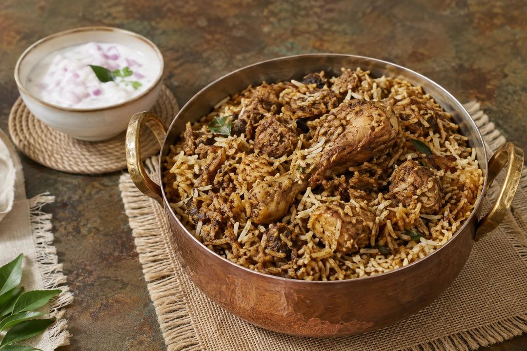 Ulavacharu chicken biryani with a dark horse gram coating and a small bowl of onion raita