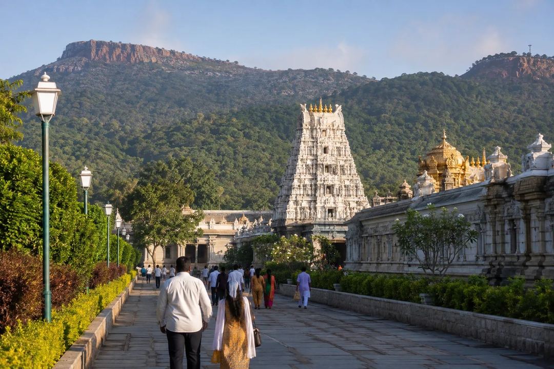A respectful South Indian temple approach beneath the green Tirumala hills