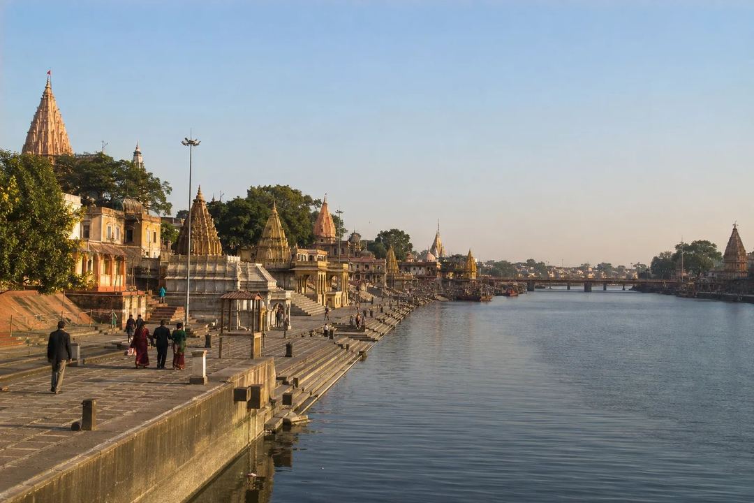 Ujjain river ghats and temple spires in clear winter morning light