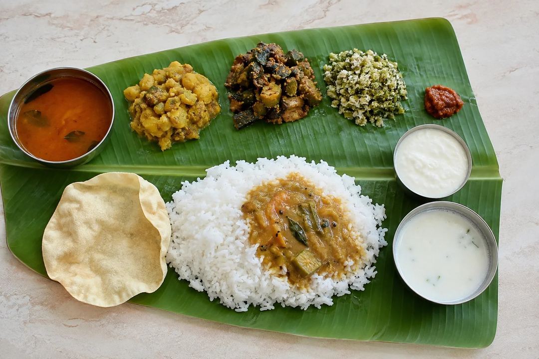 A traditional Tamil vegetarian lunch of rice sambar rasam vegetable sides appalam curd and buttermilk on a banana leaf
