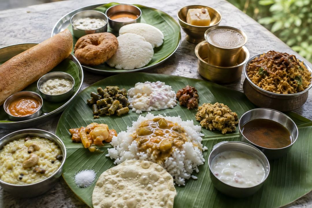 A northern Tamil Nadu food spread with tiffin banana leaf lunch biryani a regional sweet and filter coffee