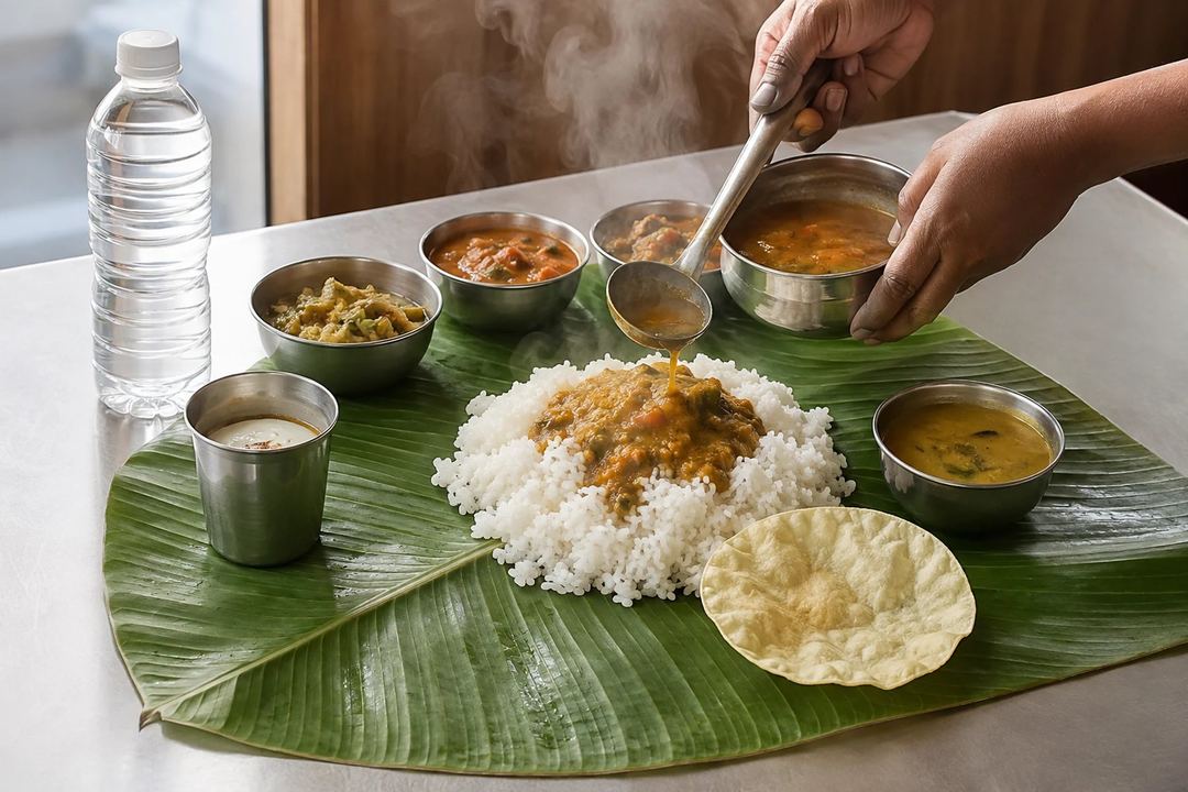 A freshly cooked steaming Tamil meal served on a clean banana leaf beside sealed water and clean utensils