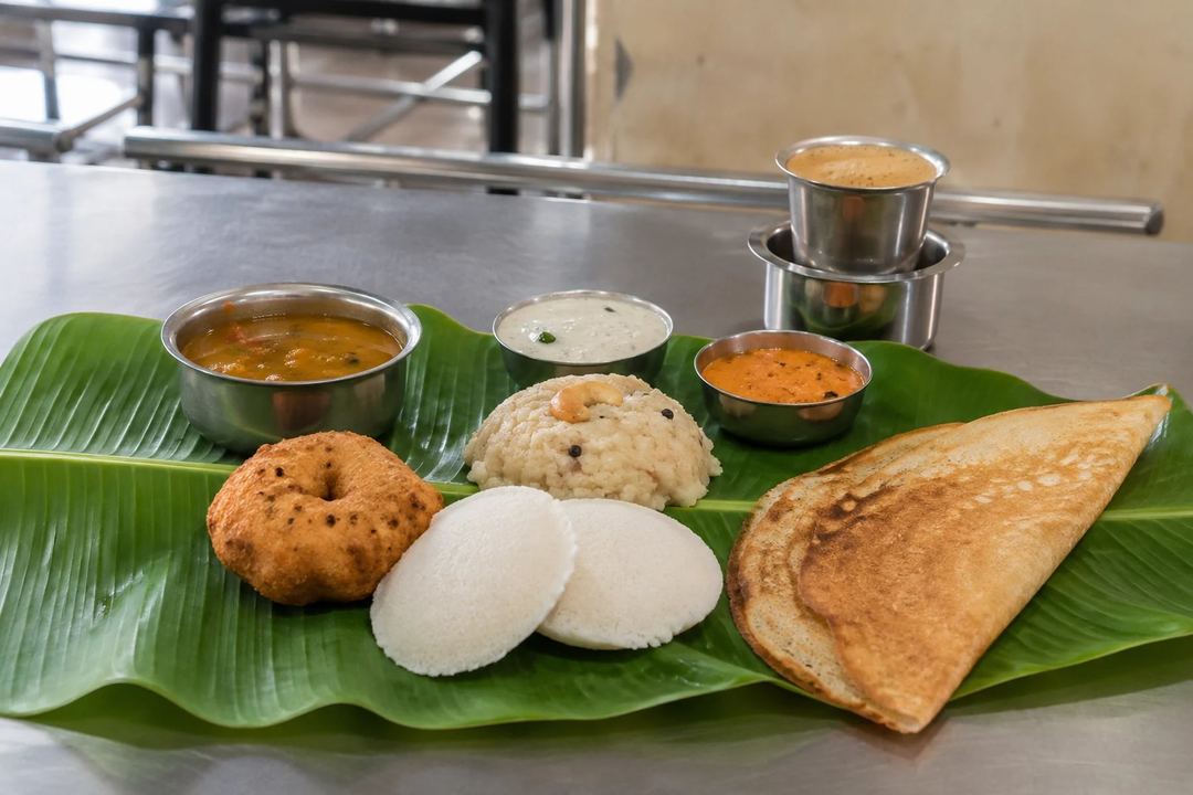 Tamil breakfast with idli dosa medu vada ven pongal sambar chutneys and filter coffee