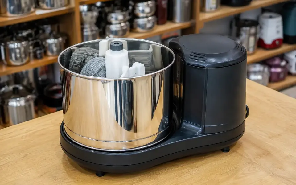 An unbranded stainless-steel wet grinder with its drum and stone roller assembly visible