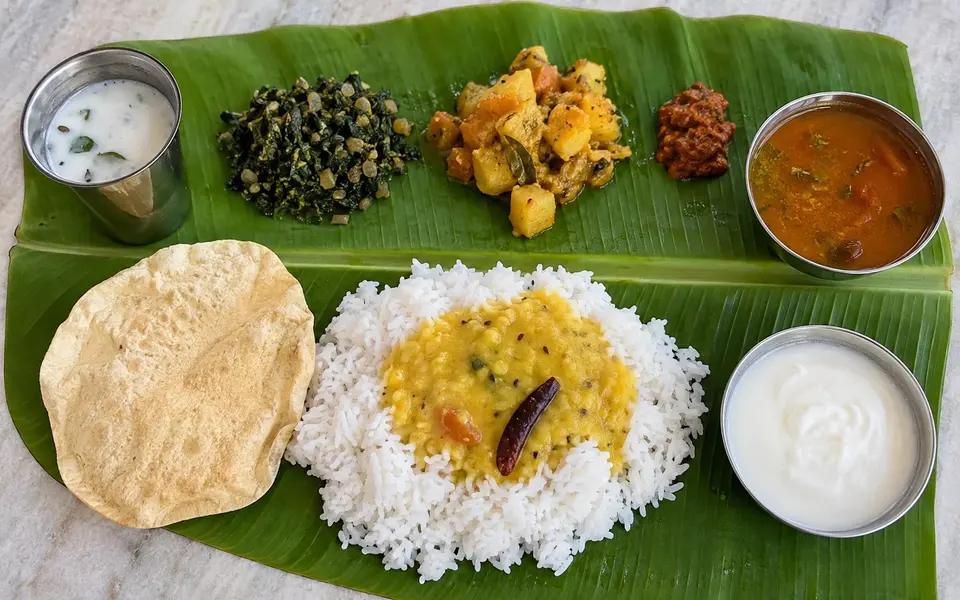 An everyday Andhra banana leaf meal with rice pappu charu curd buttermilk vegetables pickle and appadam