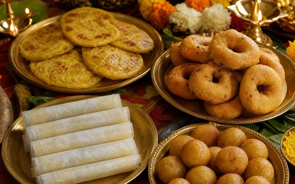 Andhra festival foods with pootharekulu rolls bobbatlu gaarelu and boorelu on brass plates