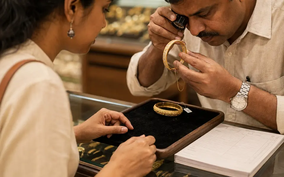 A jeweller inspecting a gold bangle with a loupe while a customer reviews an itemised invoice