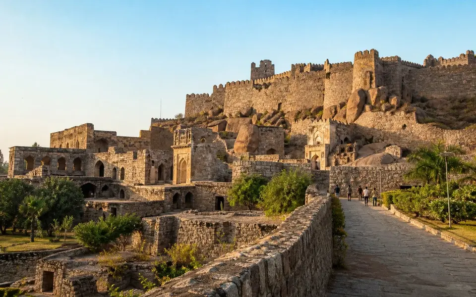 Historic stone fort ramparts in Hyderabad during a clear winter afternoon