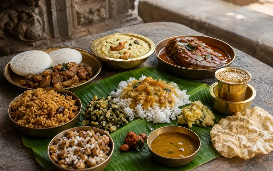 A Chidambaram travel food spread with idli brinjal kothsu ven pongal rice dishes sundal a modest fish curry and filter coffee