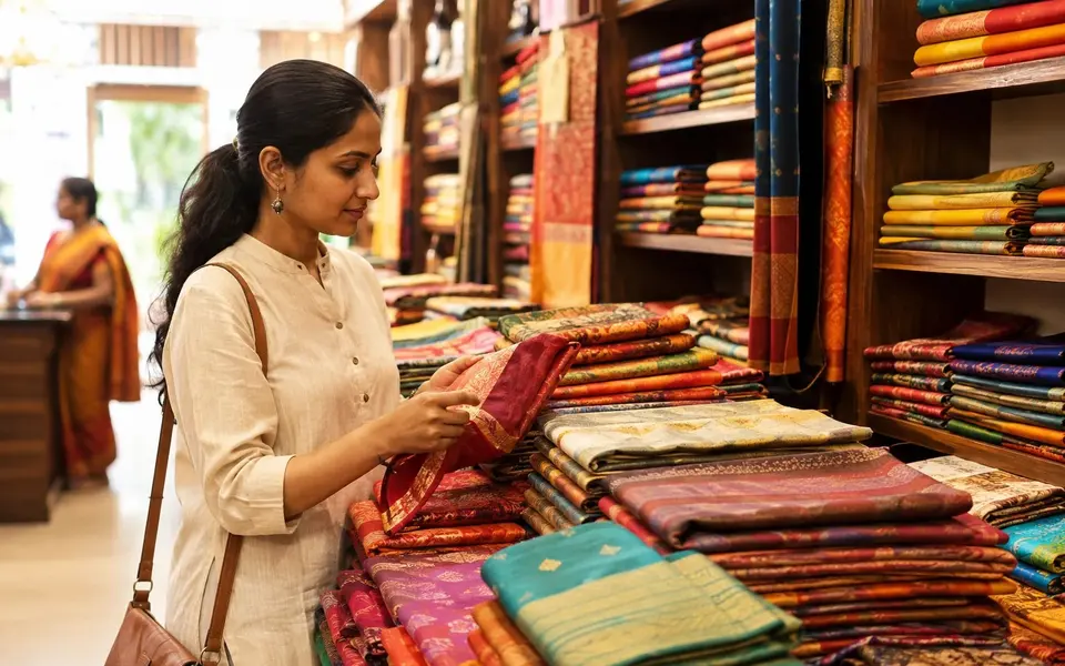 A traveller comparing colourful cotton fabrics in an unbranded Coimbatore textile shop