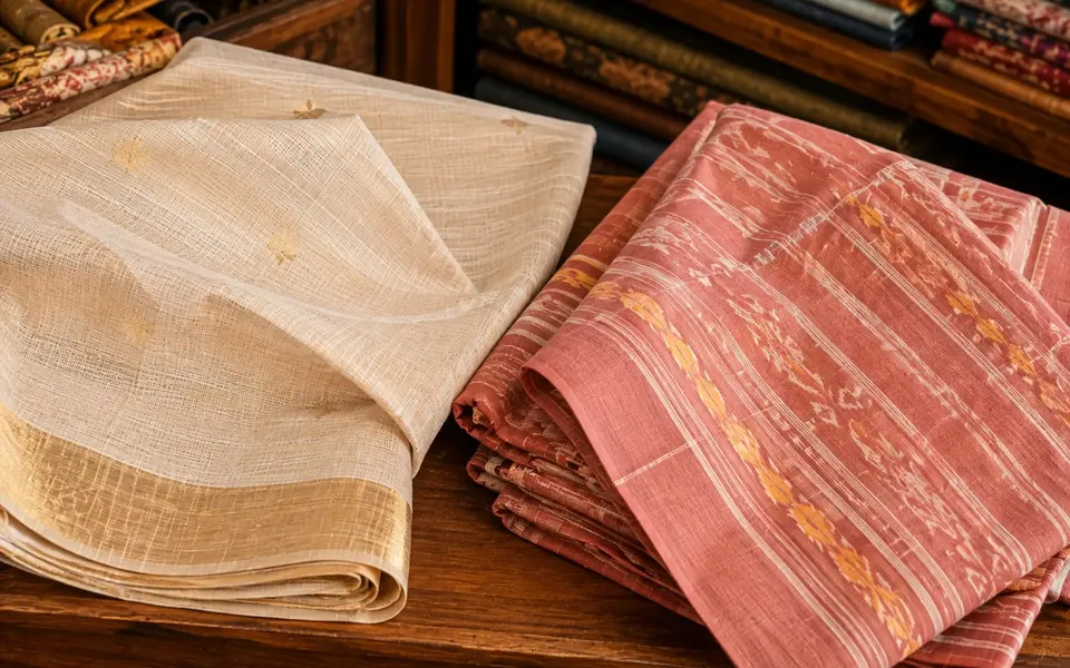 Two distinct regional cotton sarees displayed to show their weave, borders and finish