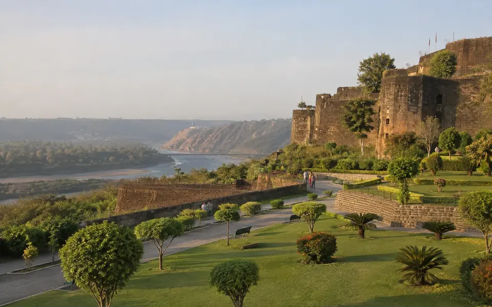 Bahu Fort and the landscaped Bagh-e-Bahu gardens overlooking the Tawi valley in Jammu.