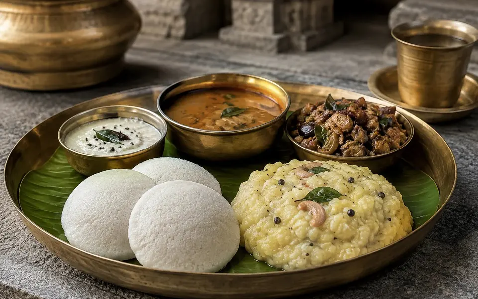 Idli and ven pongal served with a dark brinjal kothsu coconut chutney and sambar