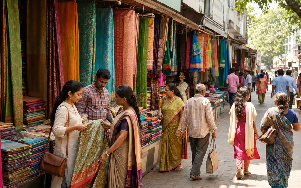 Shoppers browsing colourful textile displays along a traditional Coimbatore market street