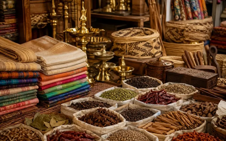 An unbranded market display of cotton textiles, brass lamps, baskets, wooden crafts and spices