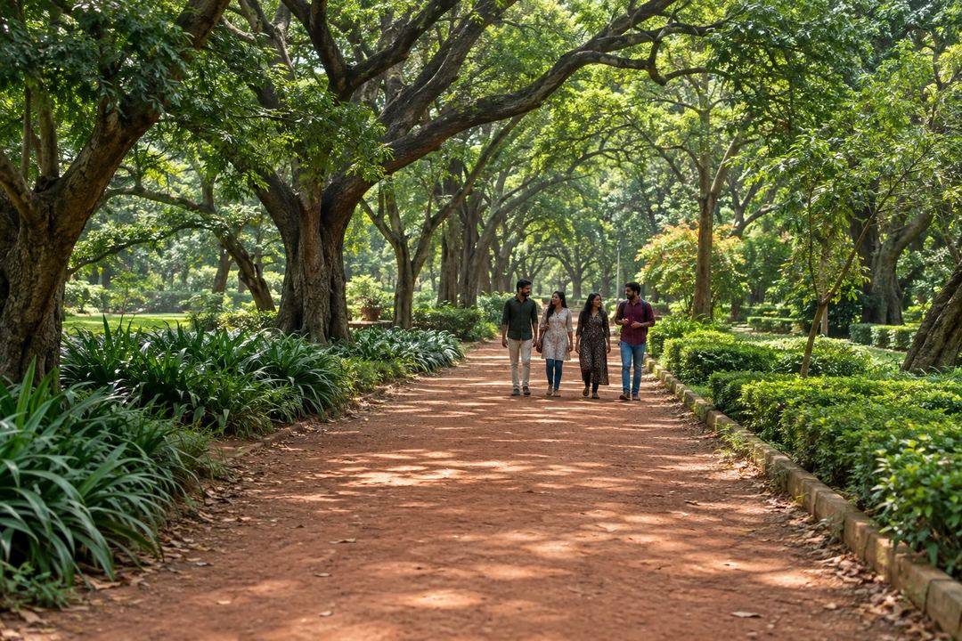 Illustration of visitors walking along a tree-lined path in Cubbon Park.