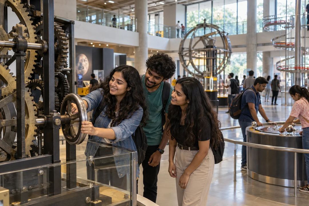 Illustration of friends exploring interactive science and technology exhibits in a museum.