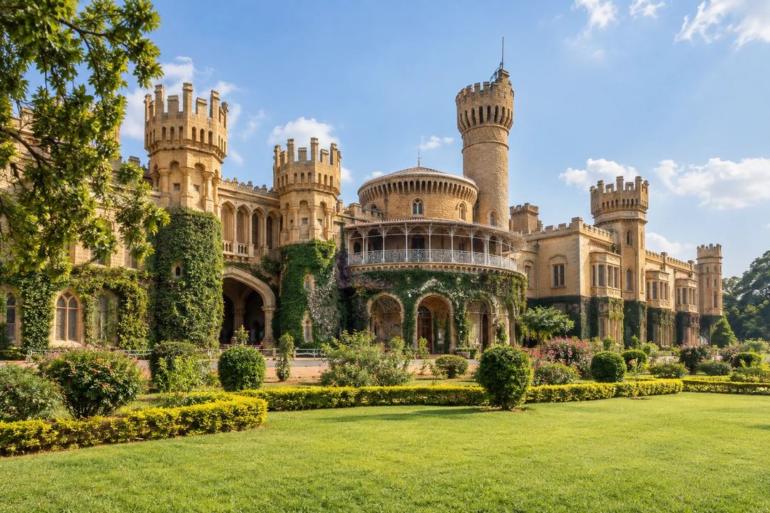 Illustration of Bangalore Palace with turrets, landscaped gardens and a green lawn.