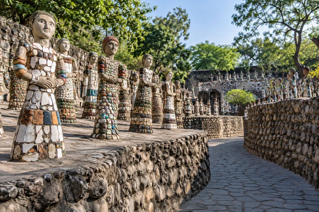 Illustration of mosaic figures lining a stone path in Chandigarh’s Rock Garden.
