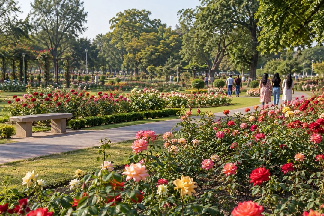 Illustration of flowering rose beds, paths and visitors in Chandigarh’s Rose Garden.