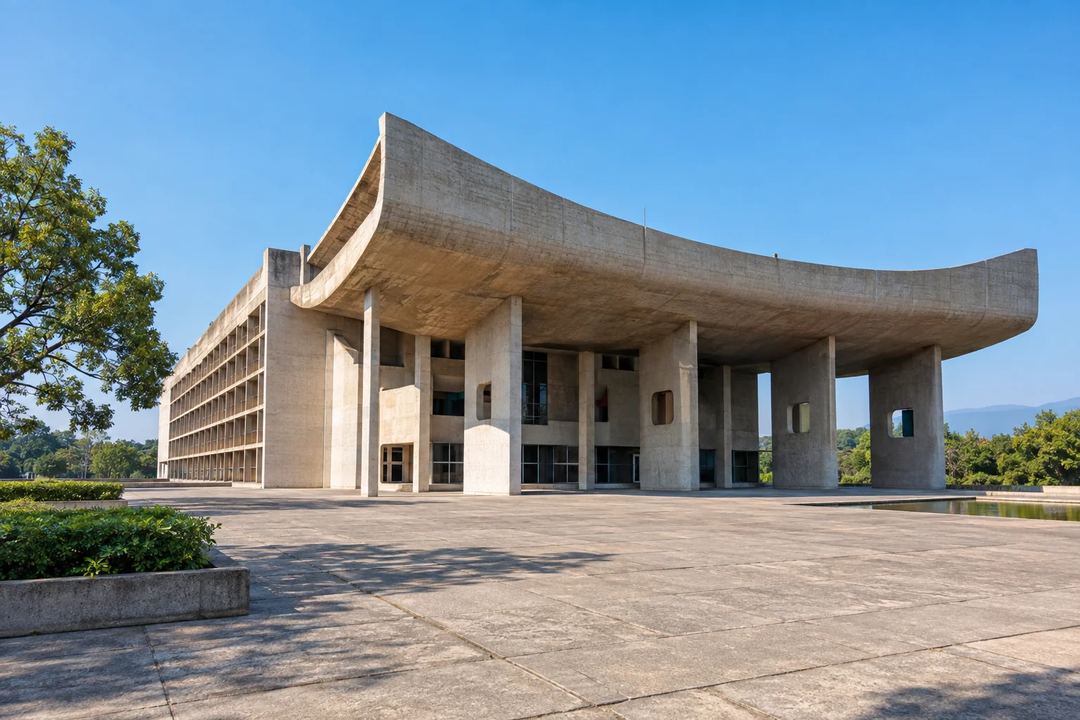 Illustration of a concrete building with a curved roof at Chandigarh’s Capitol Complex.