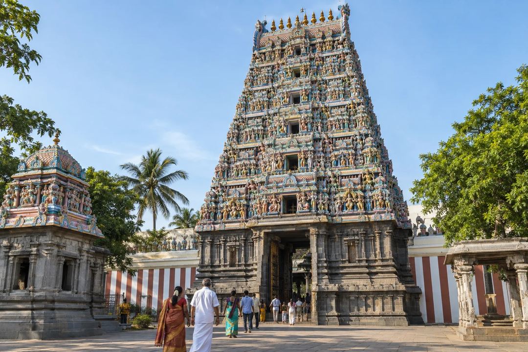 Illustration of the sculpted entrance tower of Kapaleeswarar Temple in Mylapore.
