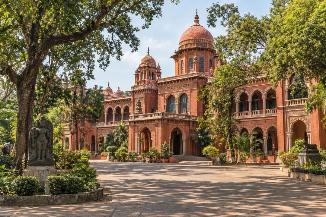 Illustration of the red museum building and gardens at the Government Museum in Egmore.