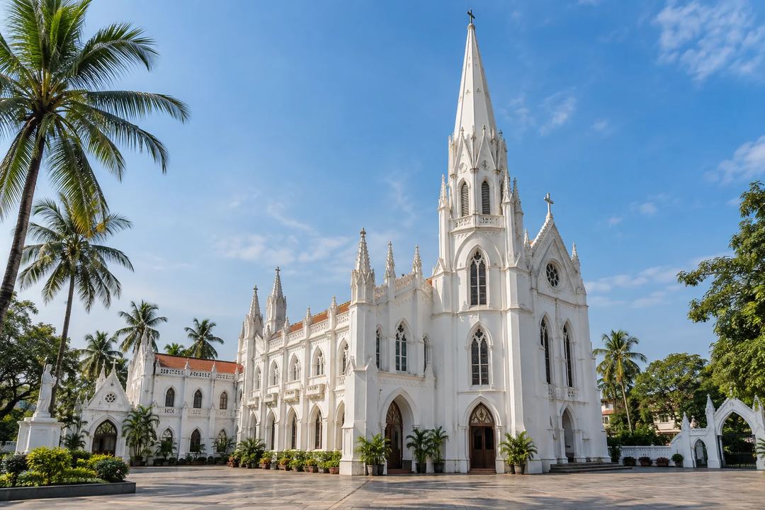 Illustration of the white facade and spire of San Thome Basilica beside palm trees.