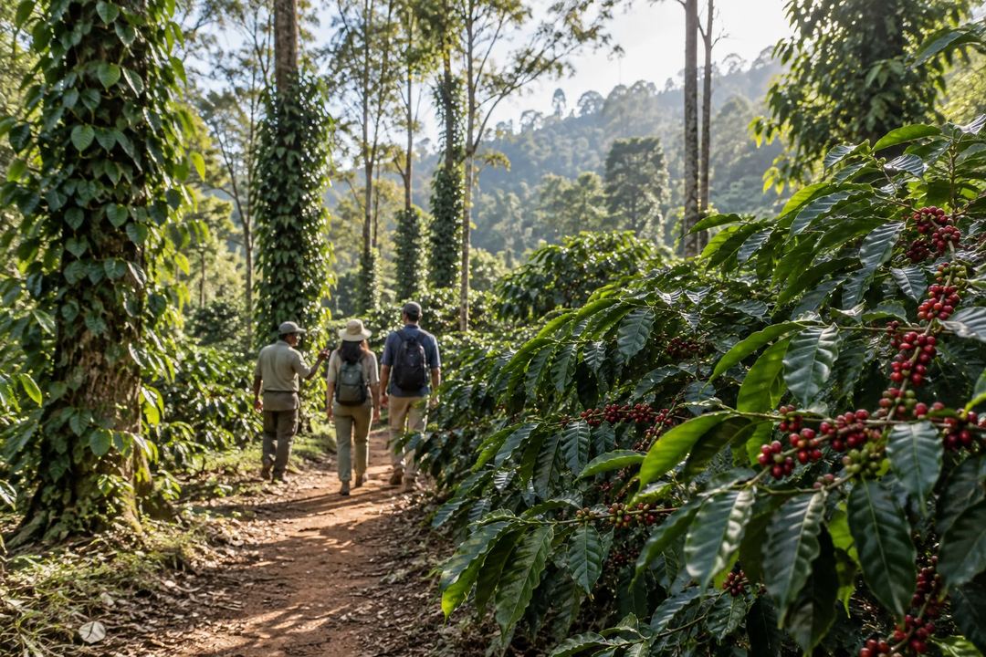 Illustration of visitors walking among coffee plants and tall trees in Kodagu.