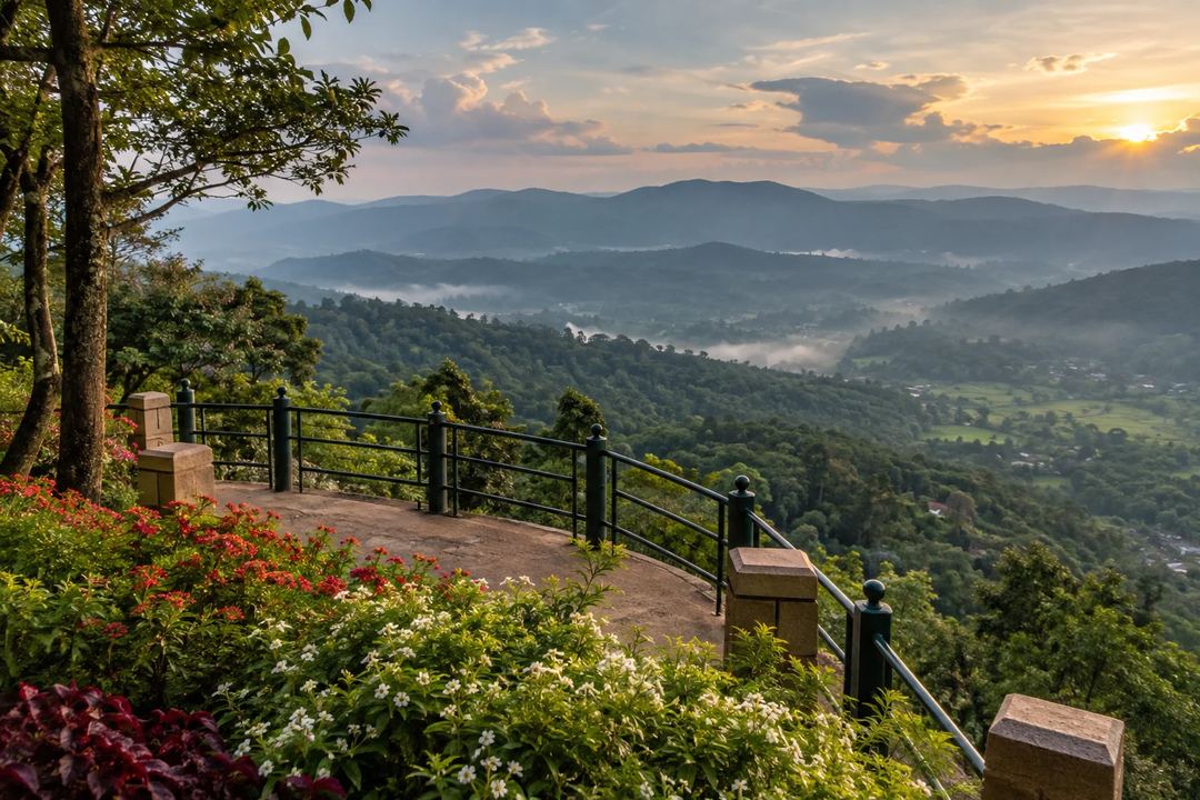 Illustration of a garden viewpoint at Raja’s Seat overlooking the hills around Madikeri.