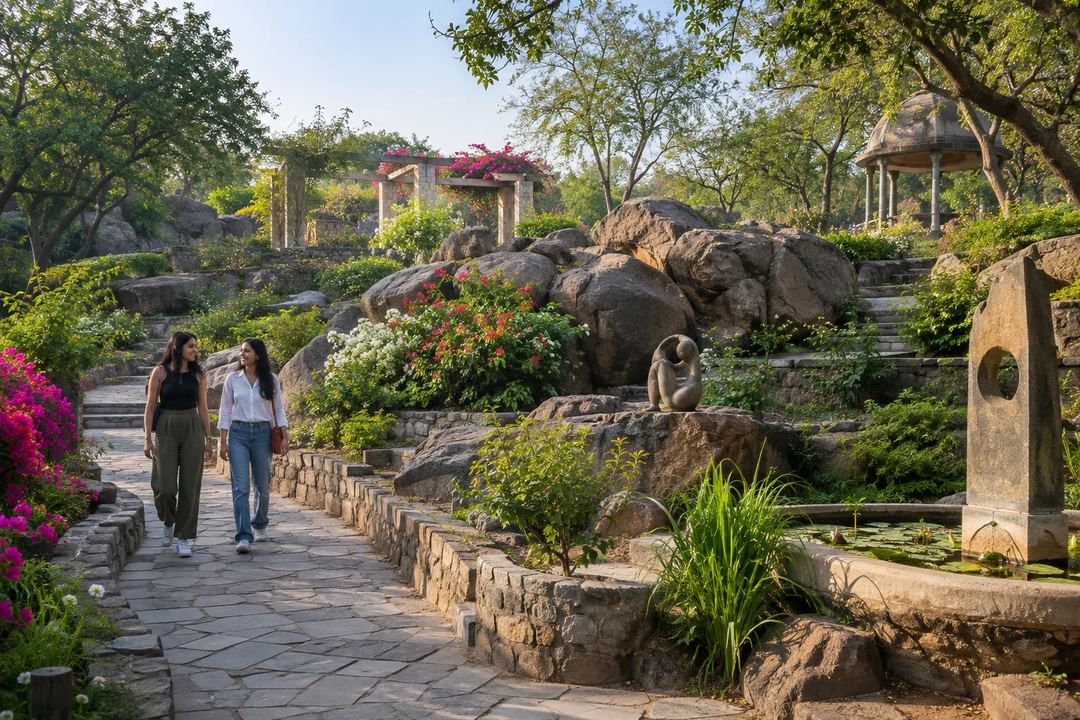 Illustration of visitors on a stone path among trees and rocks in the Garden of Five Senses.