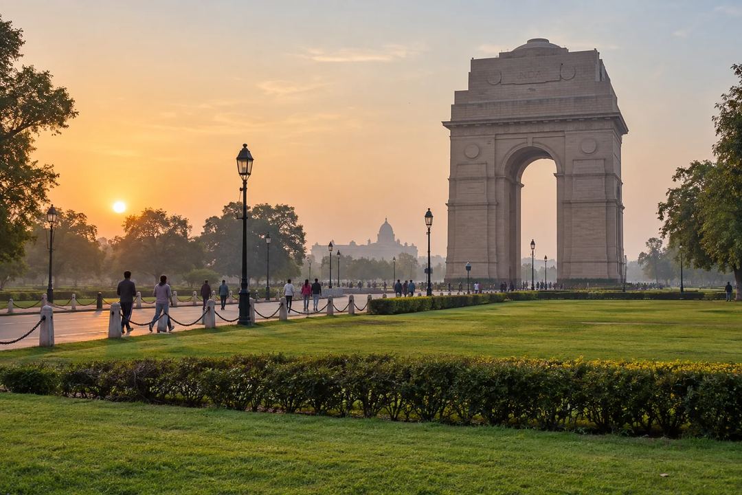 Illustration of India Gate beside lawns and a pedestrian path at sunset.