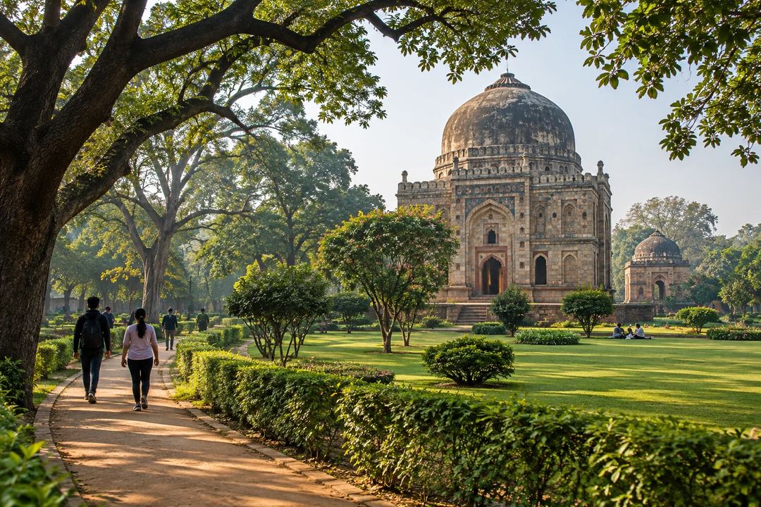 Illustration of visitors on a garden path beside a historic tomb in Lodhi Garden.
