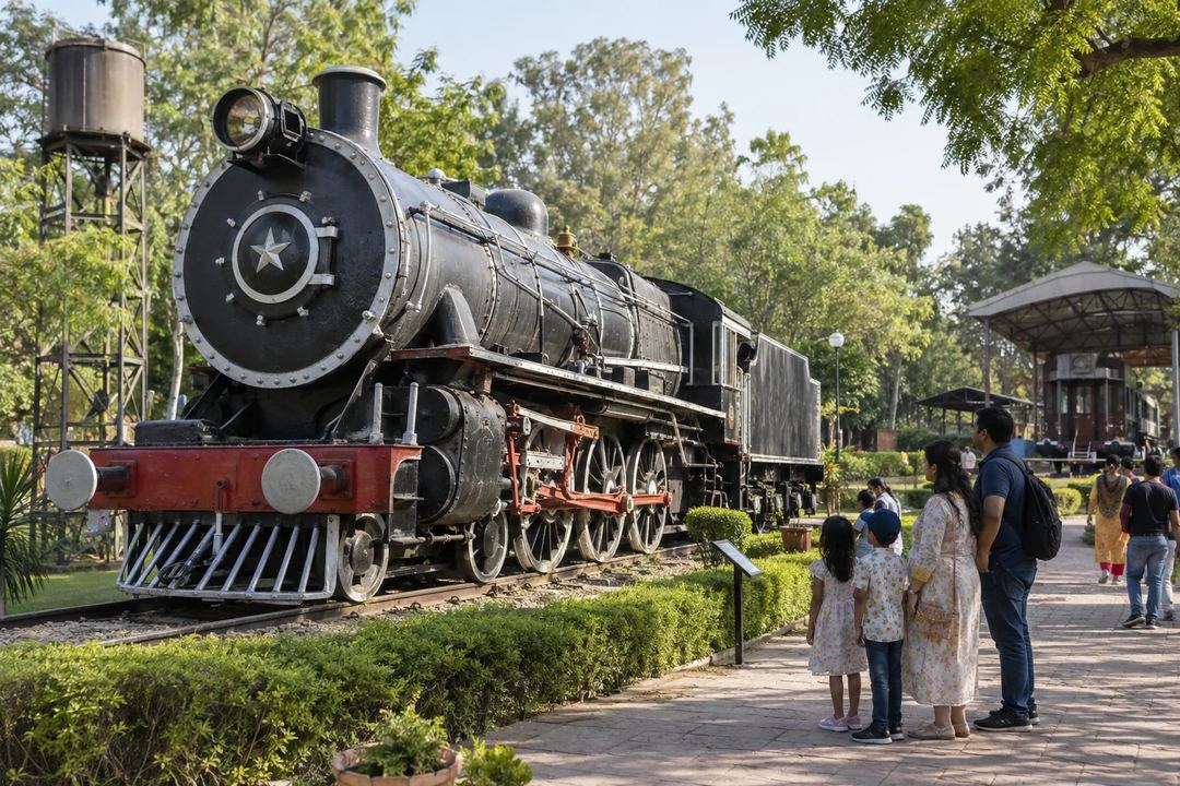 Illustration of visitors beside a historic steam locomotive at the National Rail Museum.