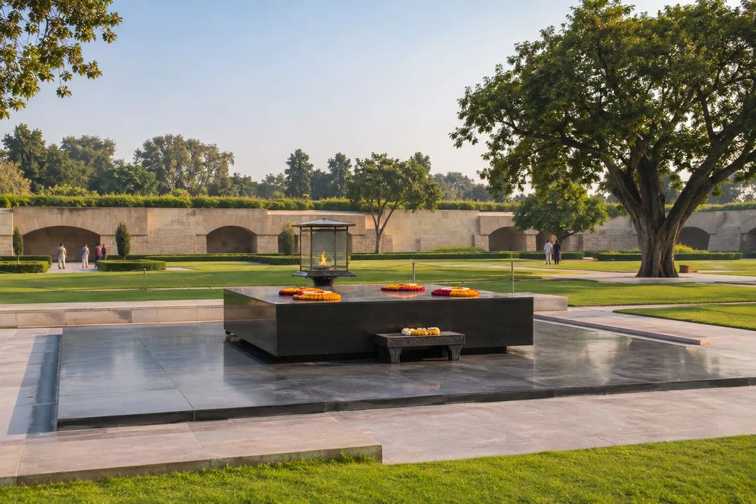 Illustration of the black stone memorial and eternal flame at Raj Ghat.