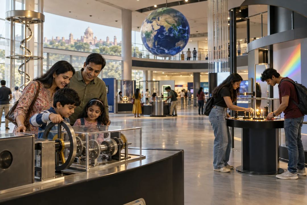 Illustration of families exploring hands-on exhibits at the National Science Centre.