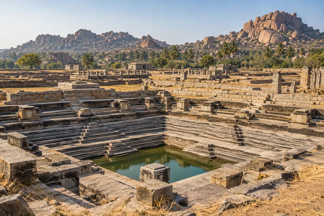 Illustration of a stepped water tank and stone ruins in Hampi’s royal enclosure.