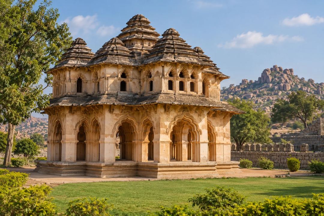 Illustration of Lotus Mahal’s arched pavilion surrounded by lawns and rocky hills in Hampi.
