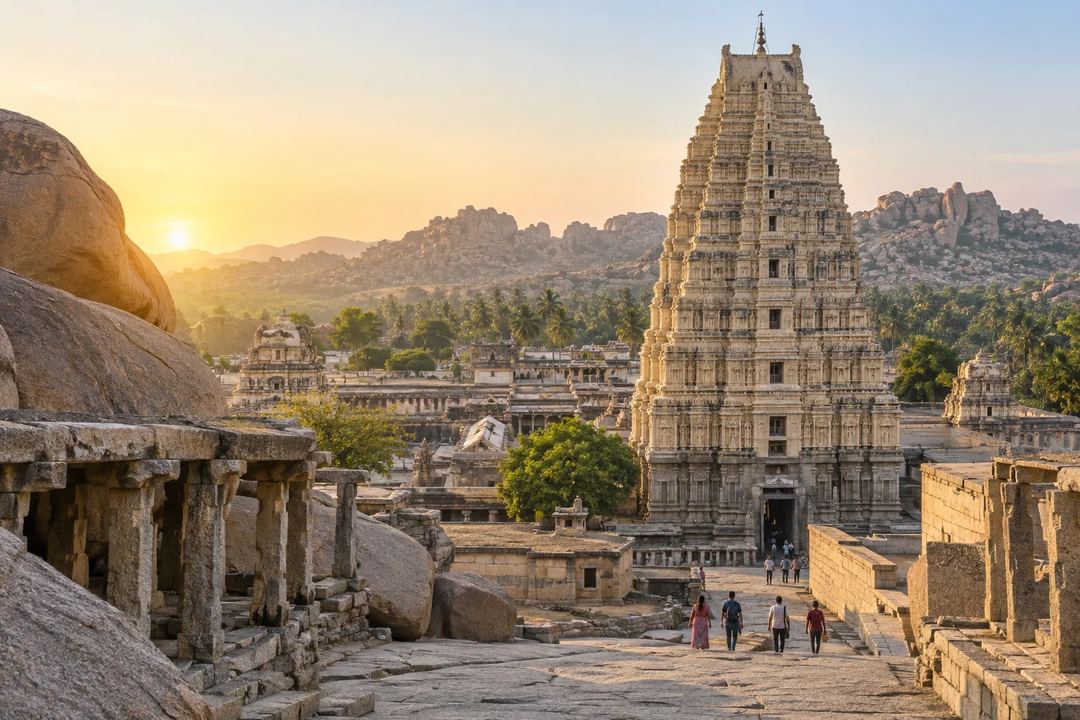 Illustration of Virupaksha Temple’s entrance tower amid Hampi’s rocky landscape.