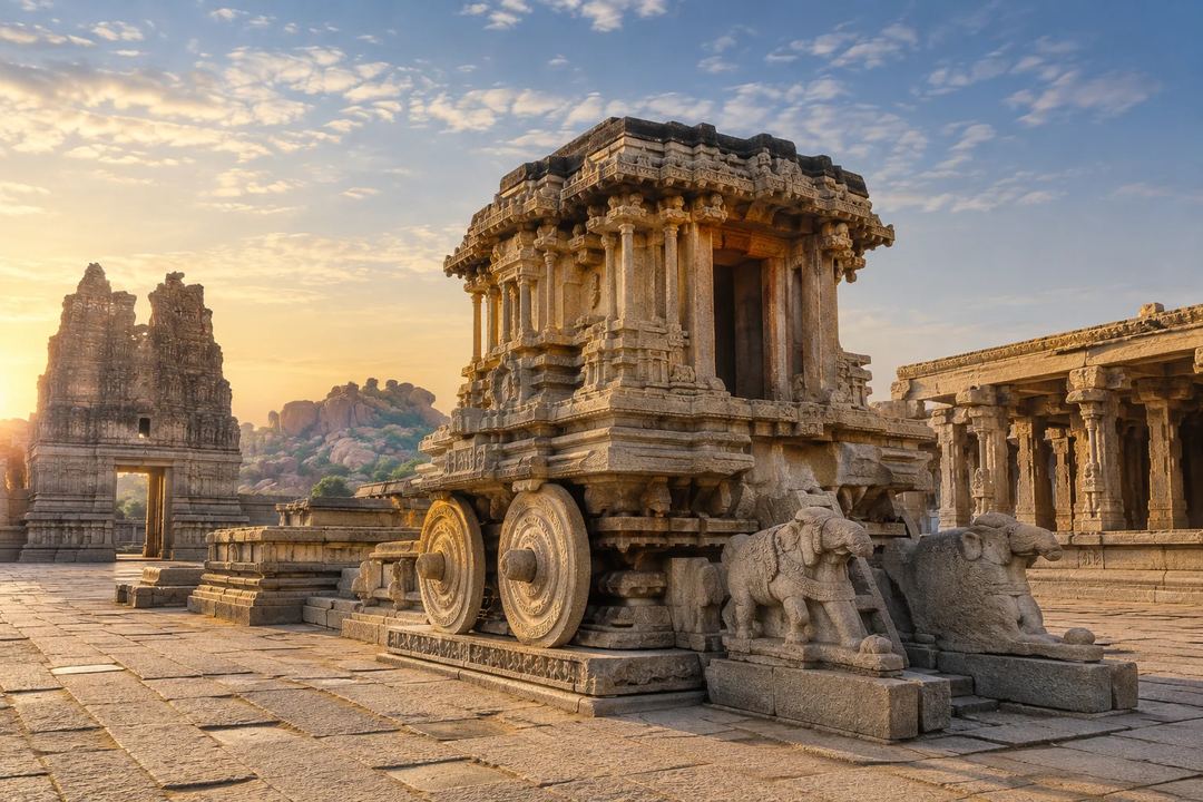 Illustration of the carved Stone Chariot in the courtyard of Hampi’s Vittala Temple.