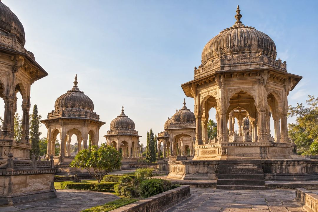 Illustration of carved domed pavilions at the Krishnapura Chhatris in Indore.