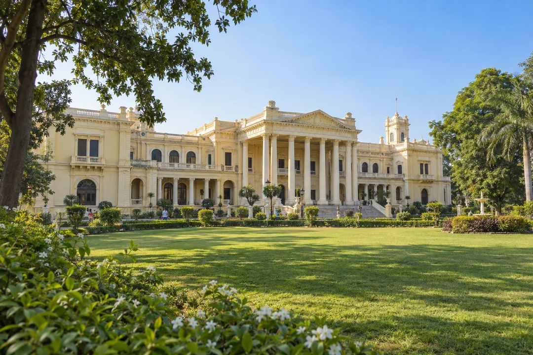 Illustration of Lalbagh Palace beyond a lawn and landscaped gardens.