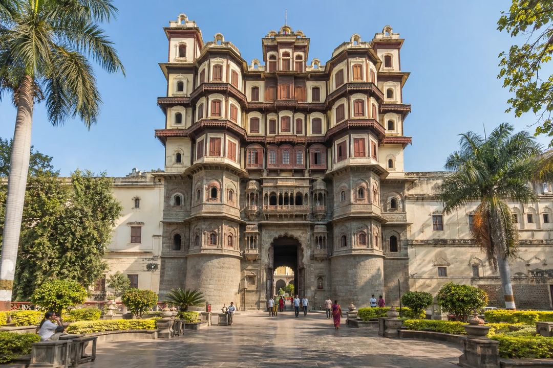 Illustration of the multi-storey facade of Rajwada Palace in Indore.