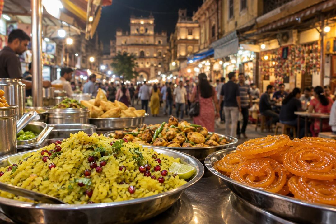 Illustration of food stalls and visitors at Sarafa Bazaar in the evening.