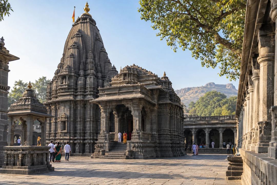 Illustration of the stone towers and courtyard of Kalaram Temple in Panchavati.