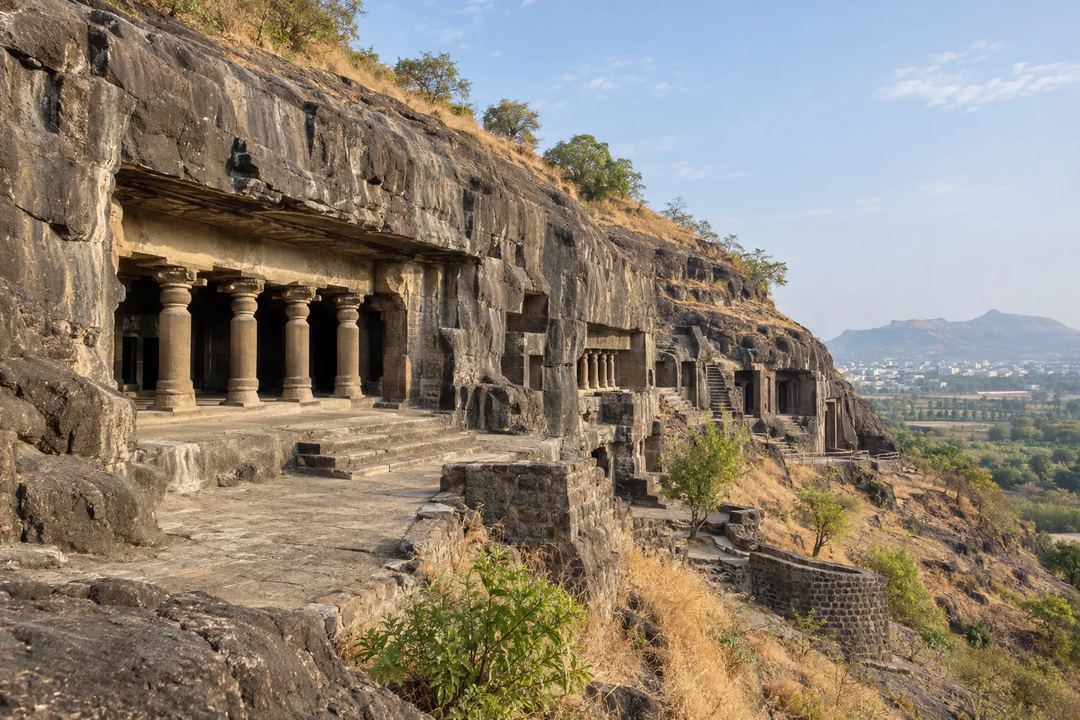 Illustration of the rock-cut caves and columned entrances at Pandavleni.