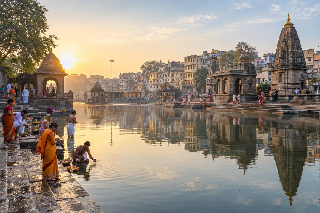 Illustration of steps, temples and visitors along the water at Ramkund in Nashik.