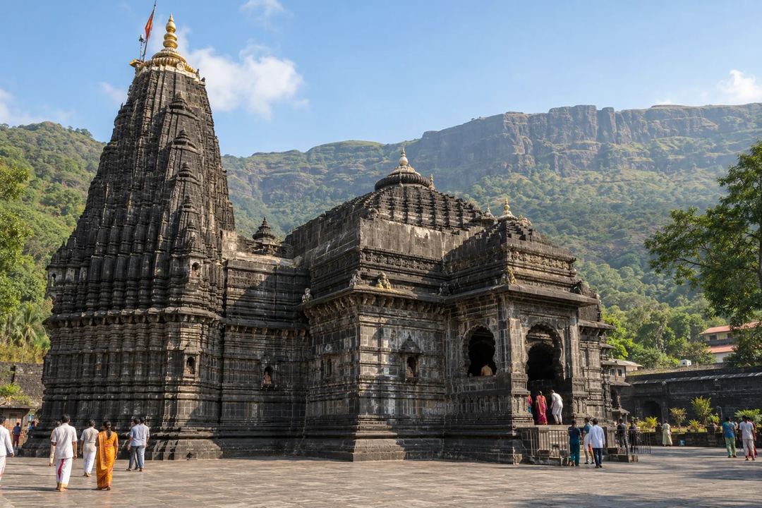 Illustration of Trimbakeshwar Temple with stone towers and hills in the background.